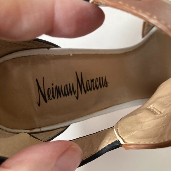 Womens Neiman Marcus Natal NM Leather Peep Toe Strap Back 3 Toned 4" Heels Brown - Picture 9 of 10
